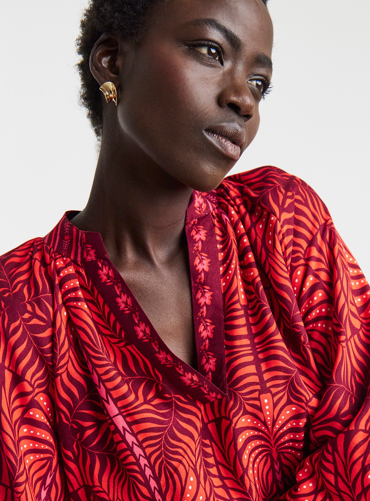JD WILLIAMS Collarless Puff Sleeve Top Red Palm Print 20 - Image 4 thumbnail